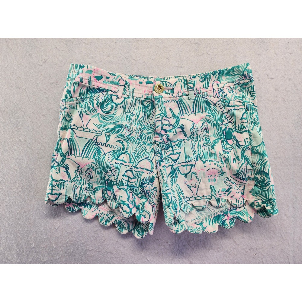 Lilly Pulitzer Buttercup Scallop Hem Shorts Green Pink Floral Size 00 Preppy - Picture 9 of 9